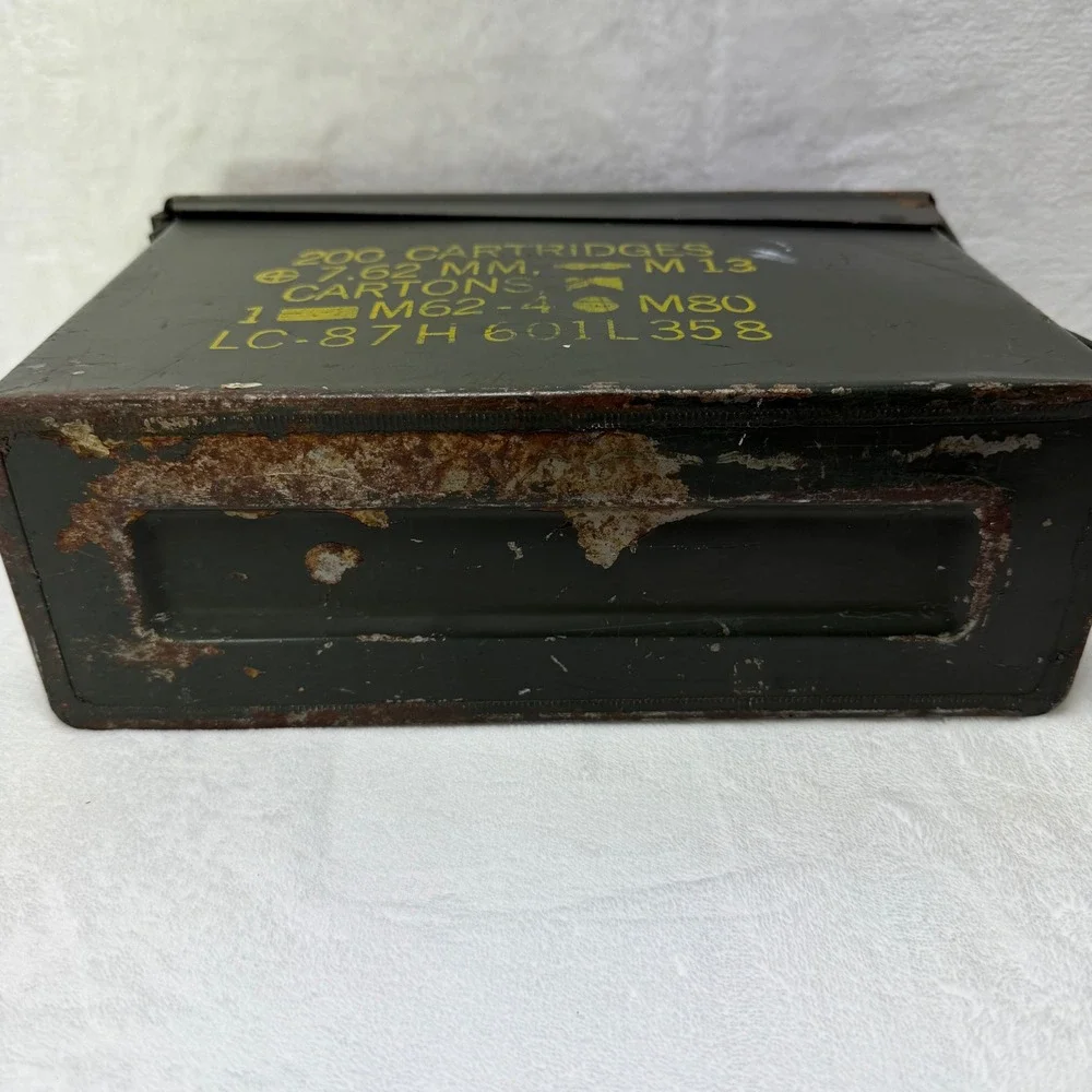 Vintage US Military Steel Ammo Can Olive Drab Metal Storage Box Latch Lid Handle